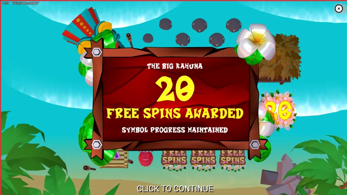 Tampilan visual slot Tikitopia BoosterBelt dengan totem Tiki dan simbol buah-buahan tropis.